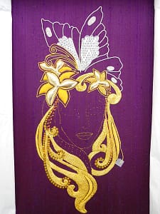 Spangles, laid work, kid and silver threads in place Spangles, laid work, kid and silver threads in place