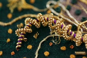 Detail of Lion Woman: coiled Pearl purl with a coloured extended pearl purl in the core