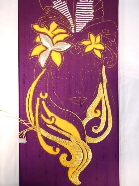 Venetian Mask in Advanced Goldwork, leather kid and preparation for silver basket weave